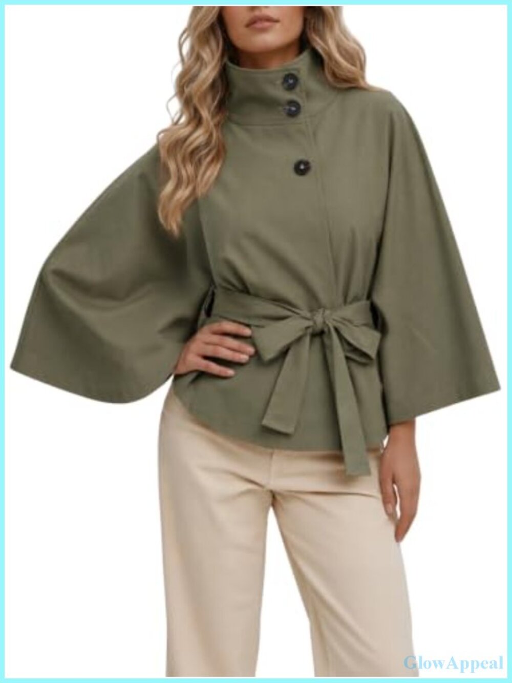 Cropped Trench Coat Cape Sleeve Stand Collar Belted Jacket Polyester